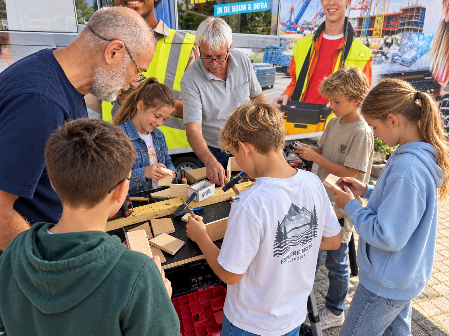 Kinderen en docenten werken samen in het Bouwlab