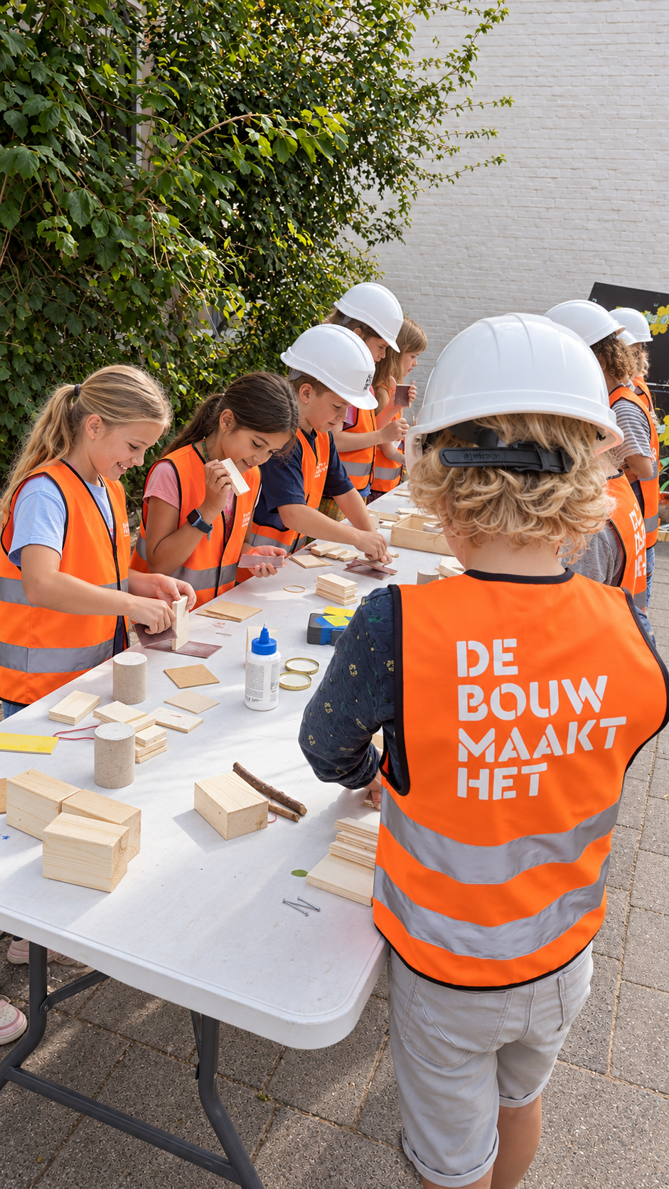 Kinderen werken aan bouwopdrachten in het Bouwlab